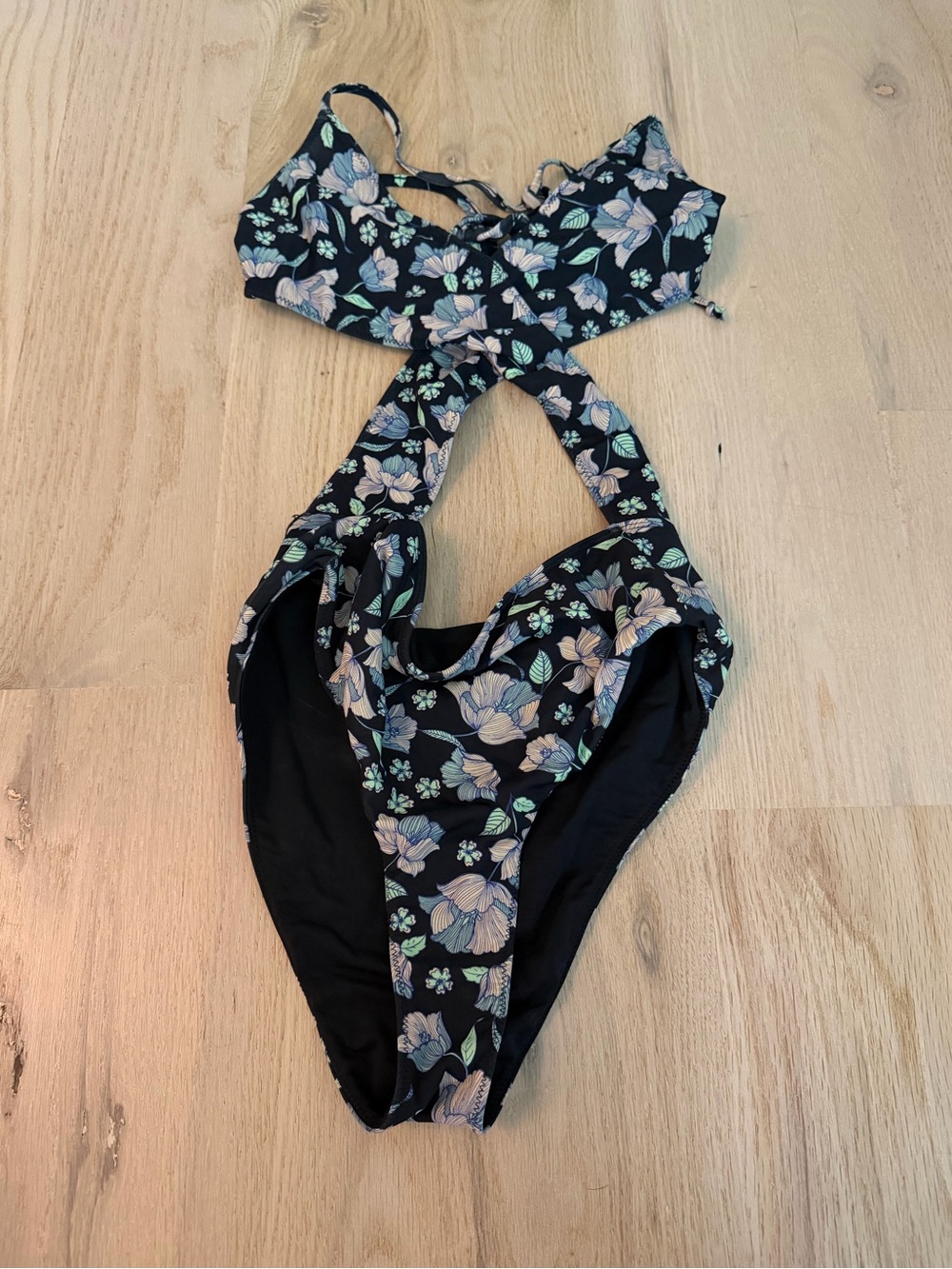 Kids Floral Cutout One-Piece Swimsuit - Black with Pastel Flowers